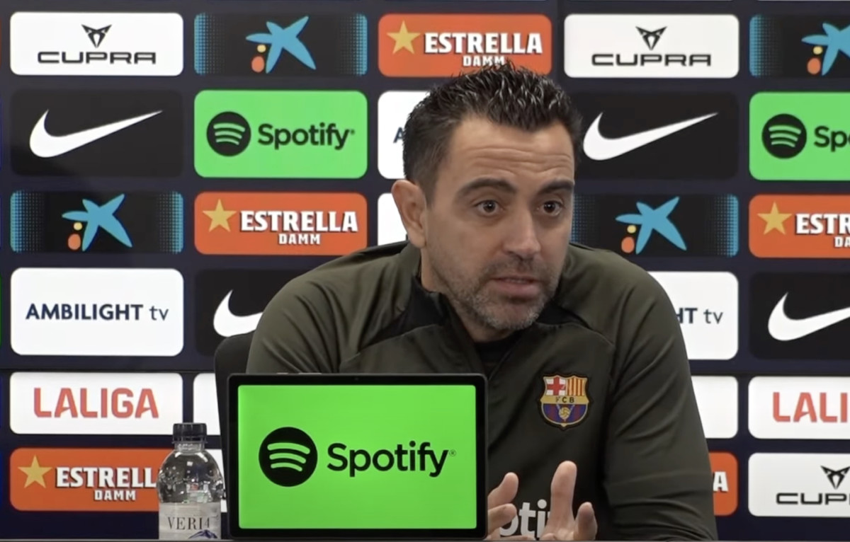 Barcelona manager Xavi Hernandez pictured at a press conference during the 2023/24 season